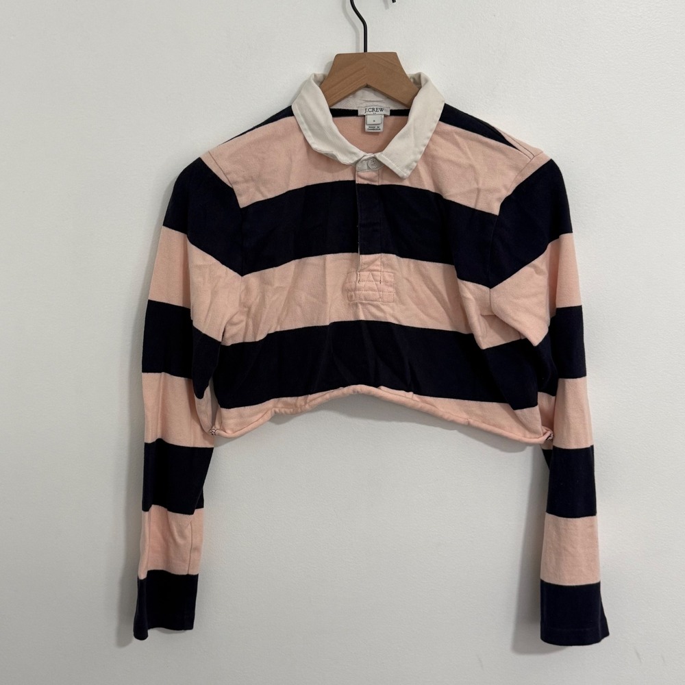J Crew Rugby Shirt Womens Small Cropped Pink Blue Stripes Preppy Collegiate